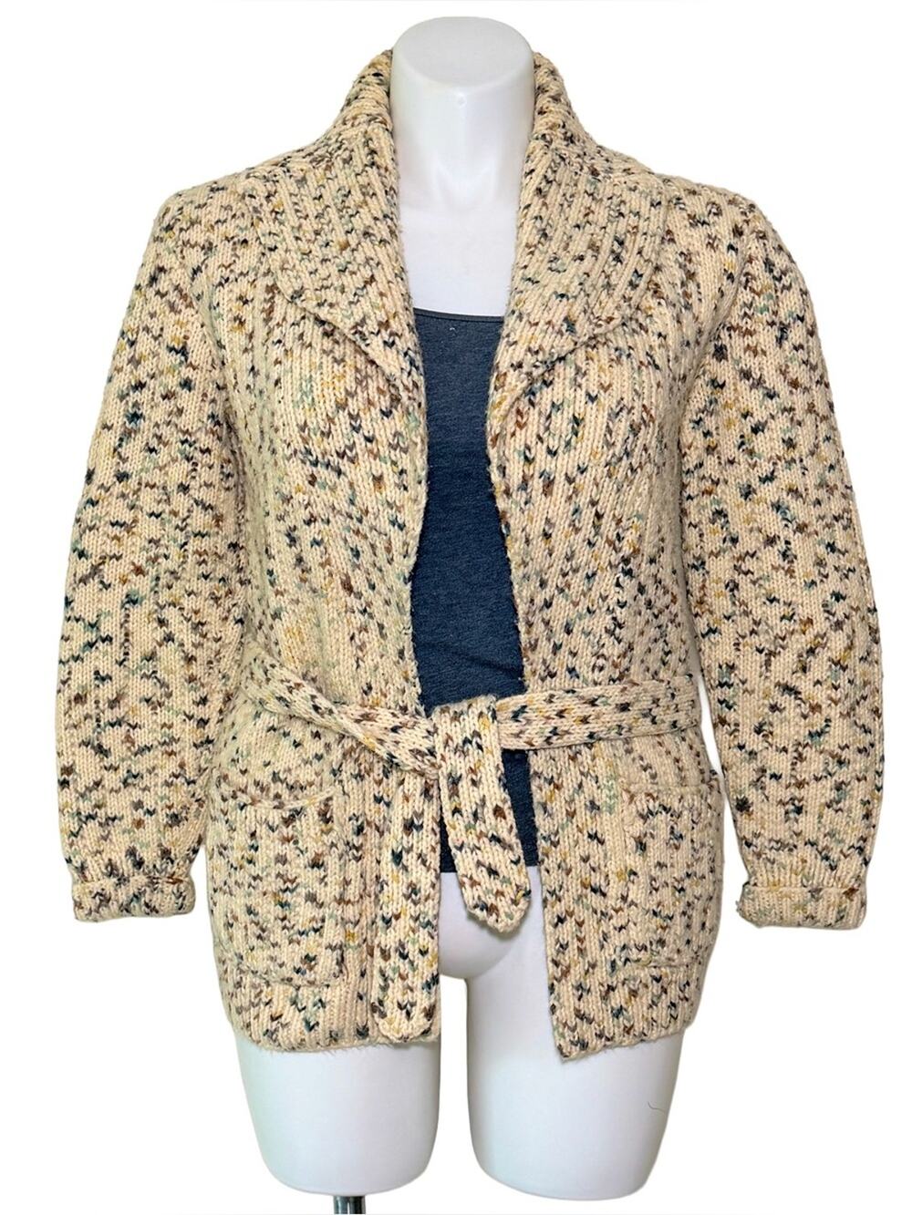 Bulky Knit Belted Cardigan Grandmacore coastal large handmade marled beige